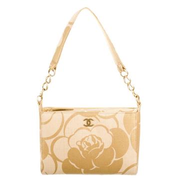 Vintage CHANEL CC Logos Beige Linen Raffia Straw Camellia Flower Shoulder Bag Purse Gold Chain Strap - COLLECTORS Item! 