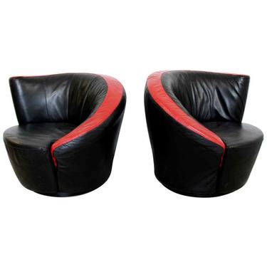 Contemporary Modern Pair Curved Swivel Lounge Chairs Vladimir Kagan Style 1980s 