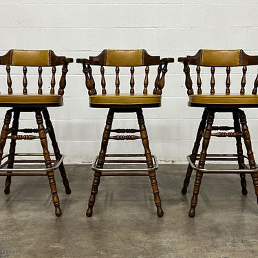 Vintage Mid-Century Old English Pub Style Bar With Padded Seat - Set Of 3 