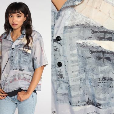 Abstract Brushstroke Shirt 80s Button Up Shirt Grey Slouchy Blouse Half Button Polo Top Vintage Short Sleeve Blouse 1980s Large 