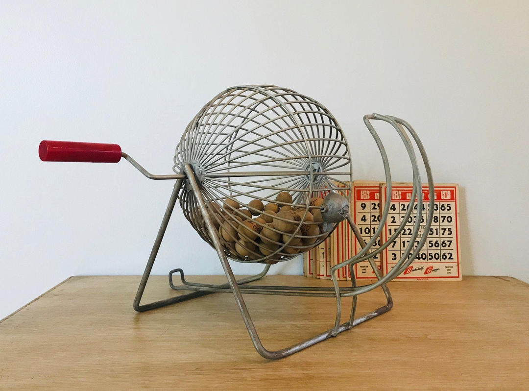 Vintage Bingo Cage With Bakelite Handle Wooden Balls Bingo Cards