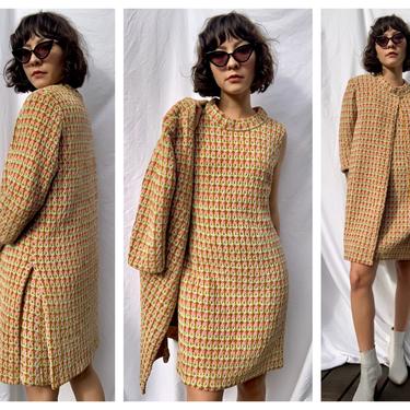 1960s Chenille Tunic Dress and Coat Suit Set / Woven Velvet Mod Jacket / Spring Set / Mock Neck Mini Dress and Coat 