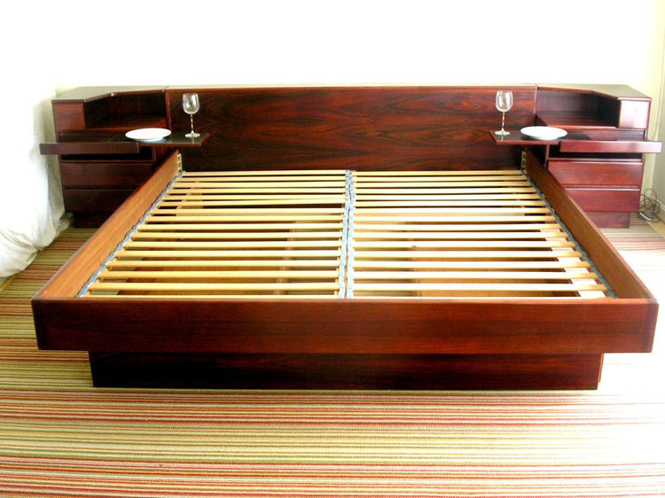 King Size Rosewood Platform Bed With Attached Nightstands + 2 Under Bed