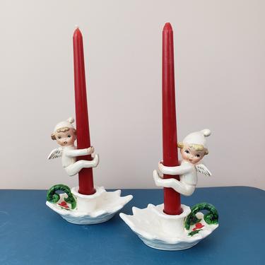 Vintage 1950's Candle Holders / 60s Angel Noel Christmas Kitch Knick Knack Ceramic 