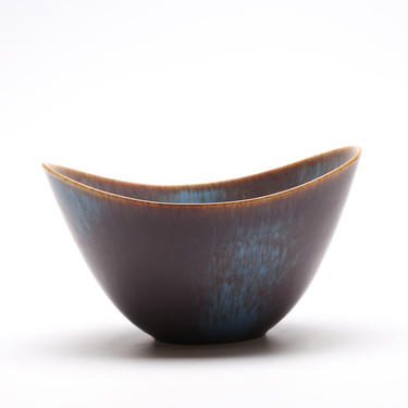 VINTAGE - Gunnar Nylund Large AXK Bowl - Rörstrand - Blue and Ochre Rim Hares fur Glaze - Sweden 1960's 