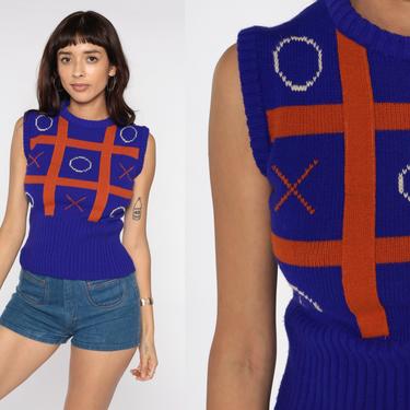 70s Sweater Vest Top X O Tank Top Knit Shirt Novelty Print Knitwear Xs and Os Retro Sleeveless Sweater 1970s Knitted Blue Vintage Small S 