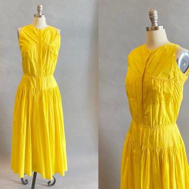 1980s Sun Yellow Dress / 1980s Cotton and Silk Day Dress / Vintage Chinese Laundry / Size Small 