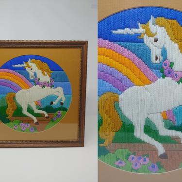 Vintage 80's Colorful Rainbow Unicorn Framed and Matted Cross-stitch 14&quot; x 14&quot; 