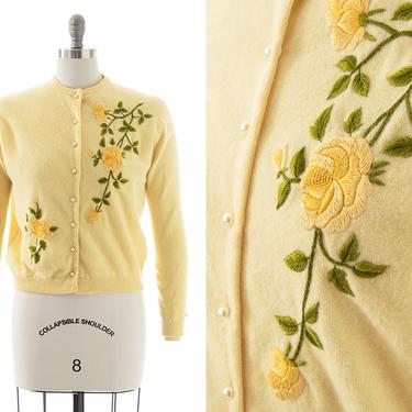 Vintage 1950s Cardigan | 50s Rose Floral Embroidered Yellow Knit Wool Angora Button Down Sweater Top (medium/large) 