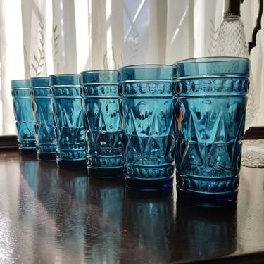 Vintage Blue Highball Glass Set of 6 / Blue Colony Park Lane Tumblers / Mid Century Cocktail Glass Barware Set / Indiana Glass Juice Glasses 