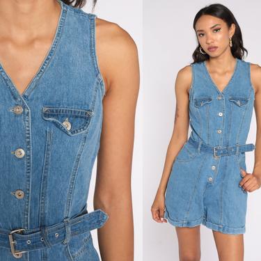 Y2K Denim Romper Blue Playsuit Button Up 00s One Piece Blue Jean Romper Sleeveless 2000s Vintage Small 7 