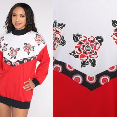 Floral Sweatshirt 80s Color Block Shirt Vintage Sweater Red White Black Graphic Sweatshirt 1980s Slouchy 90s Large L 