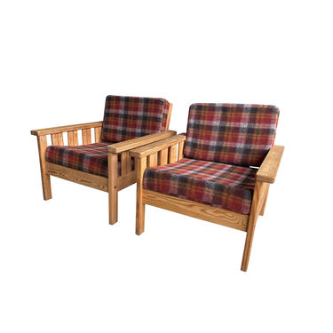 Pair of Pine Armchairs in Plaid, France, 1970&#8217;s