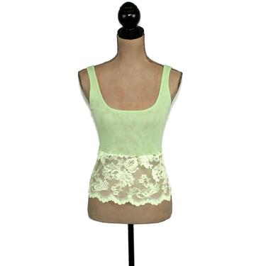 Lime Green Mesh Tank Top, Cami Sheer Camisole with Lace Hem, Women XS Small, Lingerie Clothes Vintage Clothing from Victoria's Secret 