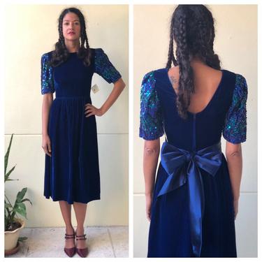 Vintage Velvet Dress / Puffed Sleeve Midi Dress / Blue Crushed Velvet / Haute Hippie Midi Dress / Zig Zag Green and Blue Sequin Dress 