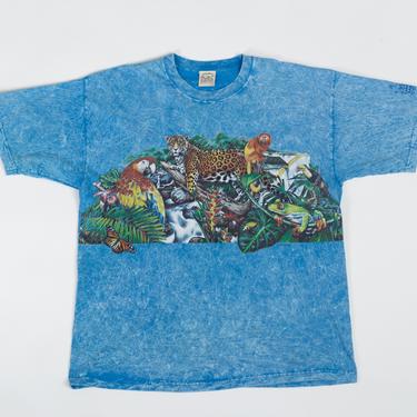 Vintage Rainforest Animal Graphic T Shirt - Men's XL | Y2K Habitat Blue Tie Dye Tropical Florida Zoo Tee 
