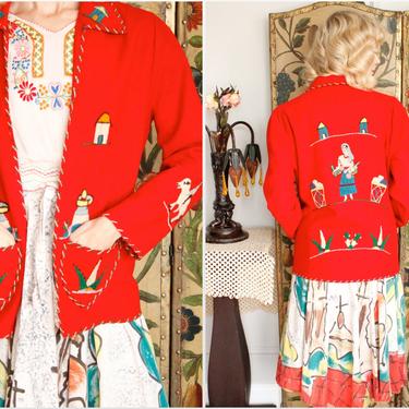 1940s Jacket // Bright Red Mexican Embroidered Tourist Jacket // vintage 40s wool jacket 