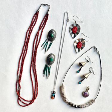 Navajo Hopi Southwestern 7 Pc Mixed Jewelry Lot, Sterling SIlver Signed Vintage 