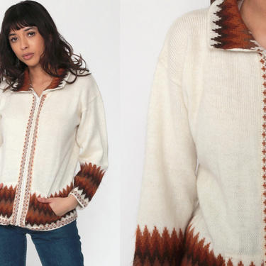 ALPACA WOOL Sweater Y2K Boho Cardigan Knit Peruvian Sweater Ethnic Peru Sweater Vintage South American Bohemian Zip Up Cream Brown Small 