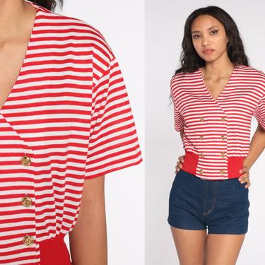 Nautical Striped Shirt 80s Red Button Up Shirt White Wrap Shirt Sailor Double Breasted Vintage Short Sleeve Blouse 1980s Preppy Yacht Small 