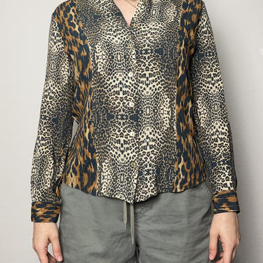Vintage pattern block long sleeve shirt cheetah leopard button down neutral brown 80s 90s style medium 