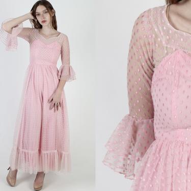 Vintage 70s Sheer Polka Dot Dress Trumpet Sleeve Homespun Sweetheart Pale Pink Maxi Dress 