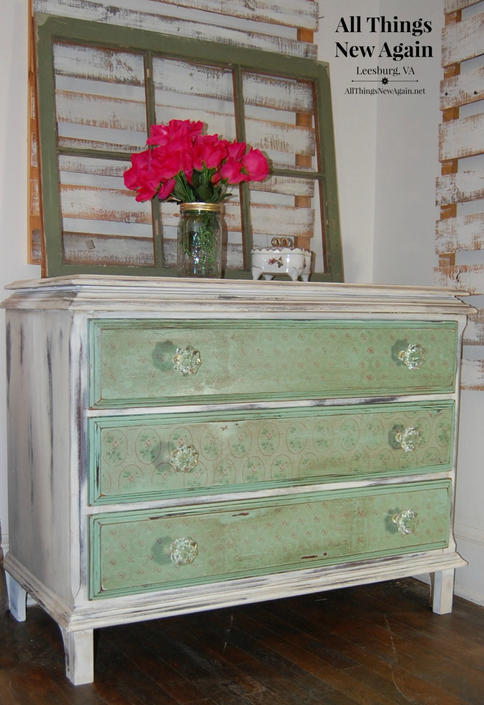 Shabby Chic Dresser Green And White Painted Dresser Vintage Dresser With Pink Flowers Shabby Chic Bedroom Furniture Chest Of Drawers By