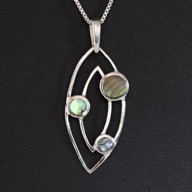 80's abalone 925 silver SU Thailand asymmetrical pointed ovals pendant, edgy sterling paua geometric hippie necklace 