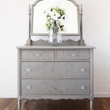 SOLD Gray Antique 4 Drawer Dresser - Mirror - Damask Raised Stencil, Shabby Chic Entry Console, Nursery Furniture, Glass Hardware, Painted 