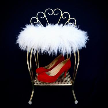 Vintage Hollywood Regency Gold Metal &amp; Faux Fur Vanity Chair || Glam Scroll Back Double Tier Boudoir Stool 