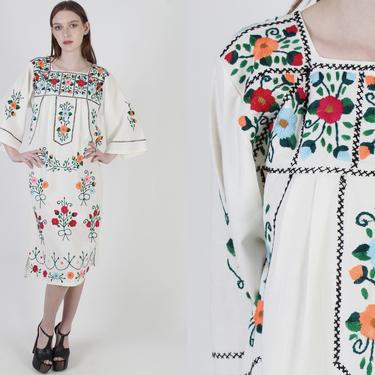 Vintage Mexican Embroidered Dress / Bright Floral Bell Sleeve Caftan / Womens Traditional Fiesta Mini Dress 