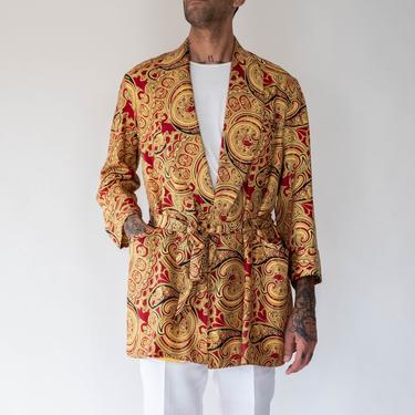 Vintage 50s 60s Robes by Stafford for The Emporium San Francisco Scarlet & Gold Paisley Silk Blend Smoking Jacket | 1950s 1960s Smoking Robe 