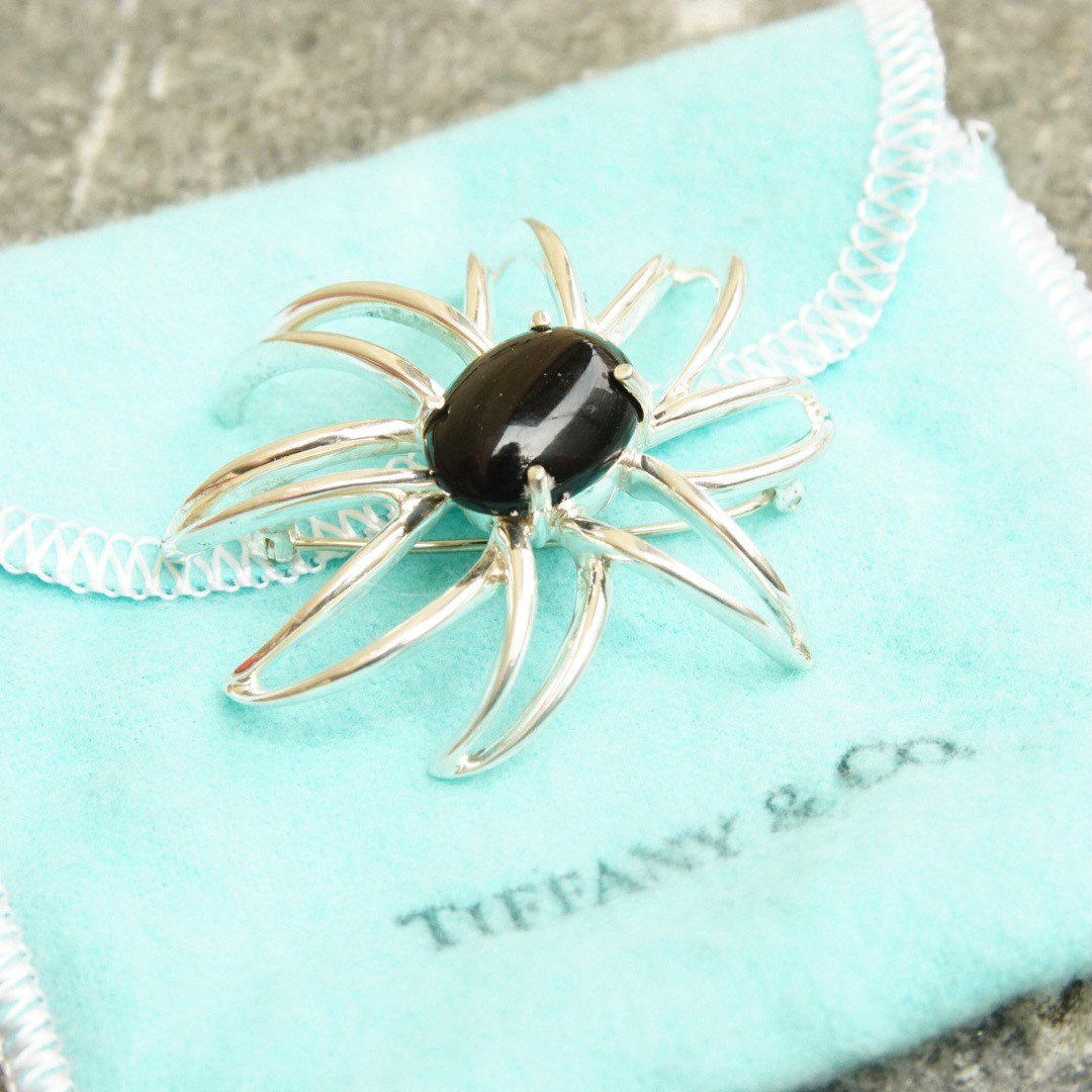 Vintage Silver Black Onyx Spider Brooch