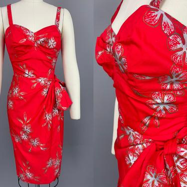 1950s Paradise Hawaii Sarong Dress | Vintage 50s 60s Red, Silver, &amp; Gold Tropical Dress | xs 