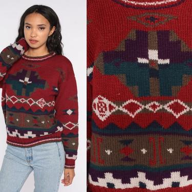 Wool Geometric Sweater 80s LL Bean Sweater Red Southwestern Sweater Knit Jumper 1980s Boho Vintage Pullover Southwest Medium 