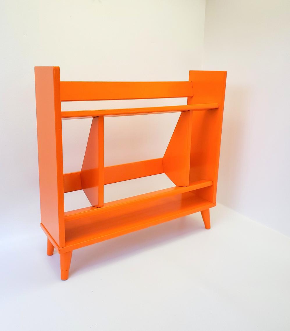 Mid Century Modern Orange Wood Bookcase Distance Learning Shelf Media
