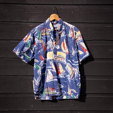 Vintage Reyn Spooner Hawaiian Shirt | Large 100% Cotton Sailing Hawaiian Shirt | USA 10 Sail Boat Aloha Shirt Surf Polo 