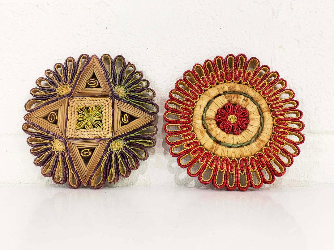 Vintage Straw Pot Holder Trivet Set of Two Pink Blue Check Engine