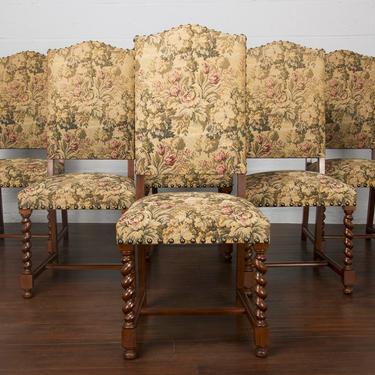Vintage Set of 6 French Louis XIII Style Ash Dining Chairs 
