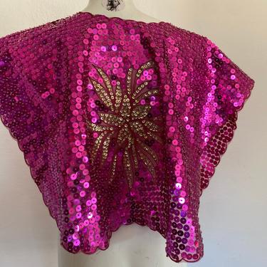 SEQUIN Cape vintage embellished sequin top, vintage sequin wrap, jeweled color and fuscia pink Sequin top one size. 