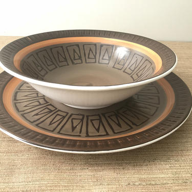 Electra Athena Casual Ceram Stoneware Set - Brown Orange Geometric Design - Bowl &amp; Platter 