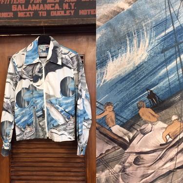 Vintage 1970’s “Hukapoo” Label Nautical Print Zipper Jacket, Sailboat Print, Elastic Waistband, Vintage Clothing 