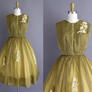 1950s vintage dress - Size XS - Designer I.MAGNIN avocado green chiffon full skirt bridesmaid cocktail party dress - 50s dress 