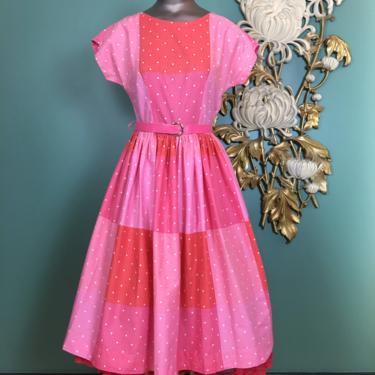 1950s cotton dress, fit and flare, vintage 50s dress, medium, polka dot, pink and orange, cap sleeve, full skirt, Brentwood, mrs maisel, 27 