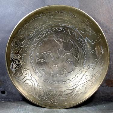 Vintage Chinese Brass Dragon Motif Bowl - Etched Dragon Design - Shallow Brass Bowl - Trinket Dish   | FREE SHIPPING 