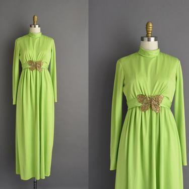 1970s vintage dress | Outstanding Chartreuse Green Gold Butterfly Full Length Cocktail Party Dress | Small Medium | 70s dress 