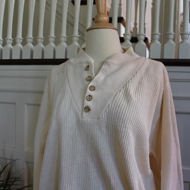 Vintage 90s Land's End Half Button Off White Pullover Sweater Unisex Size M L 