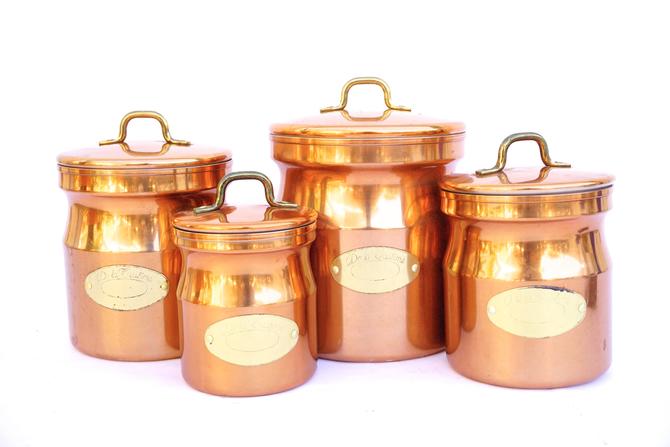 Copper Kitchen Canisters - Vintage Canister Set -Coffee, Tea, Flour Jars -  Diner Style Kitchen Jar Storage Containers