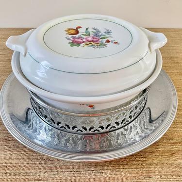 Vintage Casserole - Fraunfelter China - Ovenware with Lid - Hand Decorated Floral Royalite Casserole with Lid and Chrome - Cottage Style 