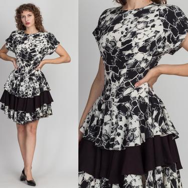 80s Abstract Floral Fit &amp; Flare Dress - Medium | Vintage Boho Jody California Black White Fitted Waist Tiered Ruffle Skirt Mini 